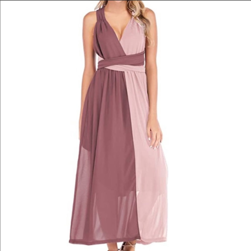 NWT Pink/Rose Wrap Open Back Chiffon Maxi Dress.